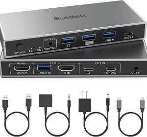 SUIDEK USB-C+HDMI KVM Switch 1 Monitors 2 Computers - 3 USB A+1 USB C 3.0 Ports 4K@60Hz Aluminum for 1 Laptop & 1 Desktop Share 1 Monitor Keyboard Mouse Printer, with USB Cables/Controller