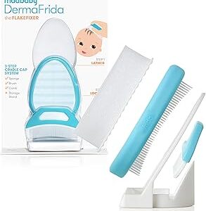 Frida Baby The 3-Step Cradle Cap System, DermaFrida The FlakeFixer, Sponge, Brush, Comb and Storage Stand for Babies with Cradle Cap, White-Blue