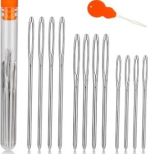 TLKKUE 12 Pcs/3 Sizes Large-Eye Blunt Needles, Steel Yarn Needle with Needle Threader, Tapestry Needle for Sewing Crochet Knitting Embroidery (Silver 2.08in/2.36in/2.76in)