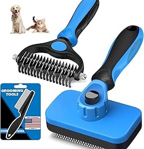 3PCS Self Cleaning Slicker Brush & Pet Grooming Rake & Flea Comb for Dogs, Cats and Horses | Double-Sided Dematting Comb & Skin Friendly Deshedding Grooming Tool | Premium Pet Supplies (Blue)