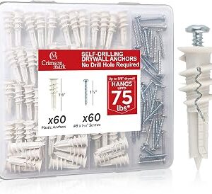 CrimsonMark 120Pcs #8 Self Drilling Drywall Anchors and Screws kit #8 x 1-1/4”- Superb Wall Anchors for Drywall, Holds Upto 75lbs – No Drill Hole Required with These Dry wall Screws and Anchors