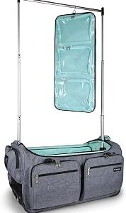 Mavii Deluxe Dance Bag with Garment Rack, 28 Inch Rolling Duffel for Competitions & Travel, Patent-Pending Stability Frames, Lightweight Aluminum Rack, Wheeled Upright Luggage, Heathered Gray