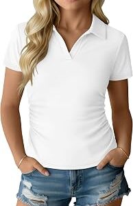 Oakgarden Girl's Uniform Shirts Ruched T-Shirt Collared School Uniform Tee Youth V Neck Short Sleeve Summer Golf Tennis Top