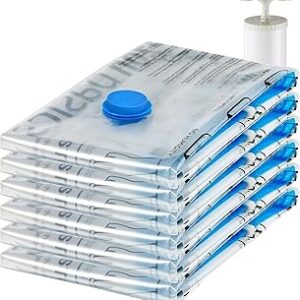 Amazon Basics Vacuum Storage Bags for Clothes, Space Saving Compression Storage Bags with Hand Pump, Heavy Duty, Stackable, Jumbo Size, Clear, 6-Pack