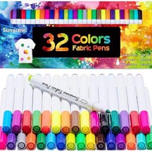 sunacme Fabric Markers Pen, 32 Colors Permanent Fabric Paint Pens for T-Shirt, Fine Tips Art Marker Set for Canvas Bags Hats Sneakers and Textiles
