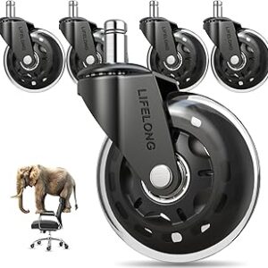Lifelong Original Office Chair Wheels (As Seen On CNN) Replacement Rubber Chair Casters for Hardwood Floors and Carpet, Set of 5, Heavy Duty Casters for Chairs to Replace Office Chair Mats - Fits 98%