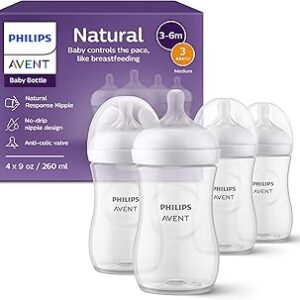 Philips Avent Natural Baby Bottles with Natural Response Nipples (Medium Flow, Flow 3), 9oz, 4-Pack, SCY903/04
