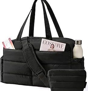 BAGSMART Gym Bag for Women, Lightweight Puffer Duffle Bag 2-PC Travel Bag, 31L Weekender Overnight Bag Quilted Carry On Tote Bag, Diaper Hospital Dance bag for Travel, Gym, Water Resistant, Black