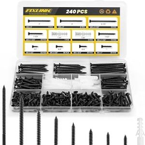 Wood Screws Assortment Kit, FIXLINK 240 PCS High Hardness Flat Head Wood Screws Set, Phillips Drive Assorted Screws, Contain 15PC Anchors and 8 Size (2-1/2”,2”,1-1/2”,1-1/4”,1”,3/4”,5/8”,1/2”), Black