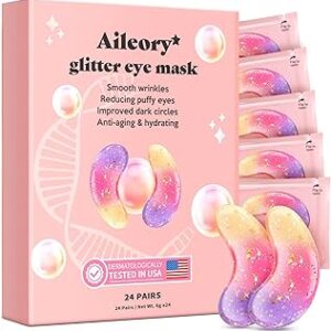 AILEORY Under Eye Patches (24 Pairs) - Tri-color Glitter Eye Gel Pads for Dark Circles, Puffy Eyes, Under eye Bags, Wrinkles | Natural Collagen Under Eye Mask Patches, Gel Under Eye Patches