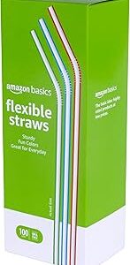 Amazon Basics Disposable Striped Plastic Flex Straws, 7.5 Long, Assorted Colors, 100 Count, Large Pack