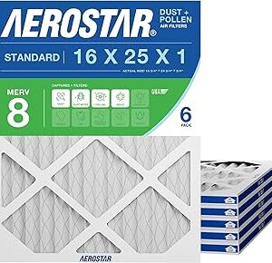 Aerostar 16x25x1 MERV 8 Air Filter, 6 Count, ACTUAL SIZE (15.75 x 24.75 x 0.75), HVAC, Air Conditioning & Furnace Filter Captures Dust, Lint & Pollen (MPR 600 / FPR 5), Made in USA