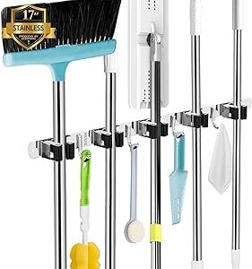 AceMining 5 Racks and 4 Hooks Mop and Broom Holder Wall Mount, Broom Organizer Storage Tool Racks Stainless Steel Heavy Duty Hooks Self Adhesive Solid Non-slip for Home Kitchen Garden Laundry Garage