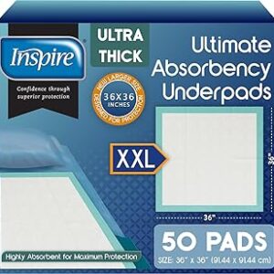 Inspire Extra Large Super Absorbent Disposable Bed Pads for Chronic Incontinence Ultra Thick and Absorbent Bed Pads Disposable Adult | Pee Pads for Adults (36 X 36 Pack of 50)