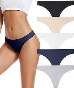 voenxe Seamless Women Underwear Thongs,No Show Ladies Thong,No Line Workout Breathable Comfortable Panties,Soft Undies,5-Pack