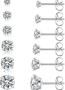 6 Pairs Stud Earrings Set, Hypoallergenic Cubic Zirconia 316L Earrings Stainless Steel CZ Earrings 3-8mm (Steel color)