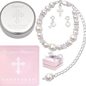 Tryuunion Baptism Bracelet in Sterling Silver and Cultured Pearls for Baby Girls, Comes with a Unique Silver-plated Jewelry Keepsake Box, Christening and Baptism Gifts For Girl, Includes 3 Charms