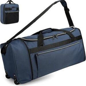 Uarition 80L Foldable Rolling Duffle Bag with Wheels, 28” Large Duffle Bag for Travel, Carry On Luggage Duffel Bag for Traveling/Camping/Moving, Water Resistant, Blue
