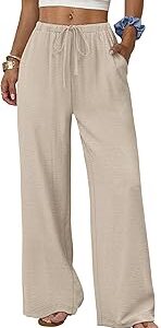 Sampeel Wide Leg Pants for Women Flowy Palazzo Drawstring Elastic Waist Trousers with Pockets Summer Beach Vacation Clothes