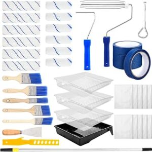 41 Pcs Paint Roller Kit with Extension Pole 2 to 4 ft Pole 4 9 Paint Rollers and Brushes Set 9 Painting Tray 12 x 9 ft Plastic Drop Cloths Painting Tool Sets for Wall Home House Interior