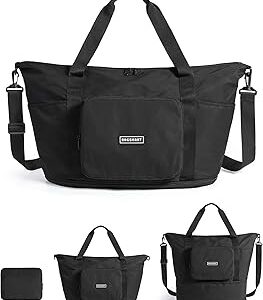 BAGSMART Foldable Travel Bag, 37L Duffle Bag for Travel, Expendable Carry on Weekender Duffel, Lightweight Personal Item Bag, Black