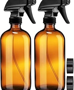 Sally's Organics Empty Amber Glass Spray Bottles - 2 Pack - Large 16oz Refillable Bottle for is Great for Essential Oils, Plants, Cleaning Solutions, Hair - Durable Nozzle - Fine Mist/Stream Setting