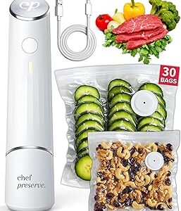 Chef Preserve Compact Vacuum Sealer for Food (Vacuum Sealer Machine + 30 Reusable Vacuum Bags) Powerful Handheld Vacuum Sealer Machine, Seal Meal Saver, Portable Food Sealer