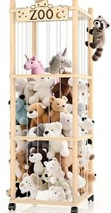 Stuffed Animal Storage Zoo Tower,56In Wooden Large Stuffed Animal Holder Organizer with Wheels,Stuffy Plushies Storage with Elastic Band&Mesh Bottom,Toy Storage Organizers for Playroom Bedroom Nursery