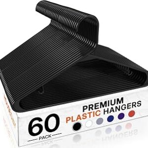 HOUSE DAY Black Plastic Hangers 60 Pack, Clothes Hangers with Non Slip Hooks, Durable & Space Saving Coat Hanger, Light-Weight Clothing Hanger, Perfect Closet Organizer for Everyday Use