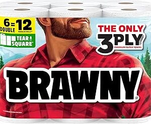 Brawny Tear-A-Square 3-Ply Paper Towels, 6 Double Rolls = 12 Regular Rolls, Strong, Absorbent, and Durable with 3 Sheet Sizes (Quarter, Half, Full)