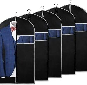 Syeeiex 40 Suit Bag, Set of 5 Garment Bags for Hanging Clothes, Suit Bags for Closet Storage, Garment Bags for Storage Suits,T-shirts, Jackets and Coats(Black & Grey)