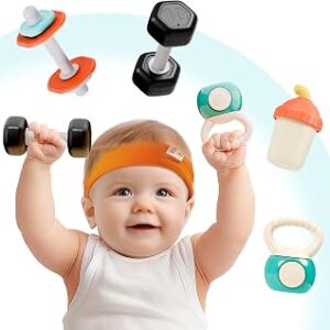 iPlay, iLearn Baby First Gym Rattle Set, Infant Dumbbell Weights Teething Rattles 3-6-12 Month, Newborn Workout Sensory Stroller Toy, Babies Birthday Shower Gift 5 7 8 9 10 Month Toddler Boy Girl-4PCS