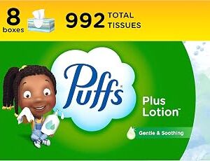 Puffs Plus Lotion Facial Tissues, 8 Family Boxes, 124 Facial Tissues per Box, Allergies and Colds