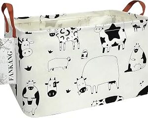 FANKANG Storage Basket,Nursery Hamper Canvas Laundry Basket Foldable with Waterproof PE Coating Storage, Office, Bedroom, Clothes,Toys(L, Rec-cows)