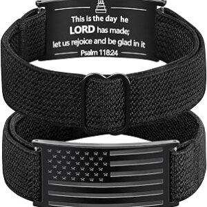 Patriotic American Flag Bracelet for Men - Military Adjustable Black Elastic Strap with Bible Verse - Veteran Gifts, Birthday Gift for Boys