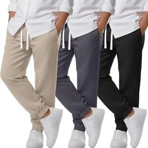Oakgarden 3 Pack Boy's Uniform Joggers Cotton School Pants with Drawstring and Side Pockets Athletic Pants 6-16 Years