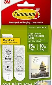 Command 15 lb & 10 lb Large and Medium 28 Pairs Picture Hanging Strips (56 Strips), Damage-Free Hangers for Picture Frames, No Tools Required, Great for Home Room Wall Decor, White Adhesive