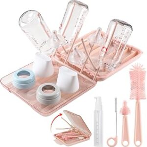 6 in 1 Baby Bottle Cleaner Set with Drying Rack,Silicone Baby Bottle Brush,Straw Brush,Nipple Brush,Soap Dispenser and Storage Box, Portable Baby Essentials for Home&Travel(Pink)