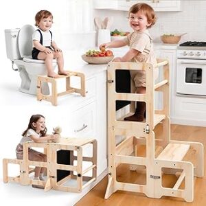 Toddler Kitchen Step Stool, 4-in-1 Foldable Standing Tower with Blackboard, Toddler Step Stool for Bathroom Sink, Kitchen Counter, Ages 18 Months+
