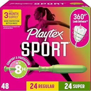Playtex Sport Tampons Multipack (24ct Regular/24ct Super), Fragrance-Free - 48ct | Tampons Regular and Super, Playtex Tampon Multipack, Feminine Care with 360 Leak Defense