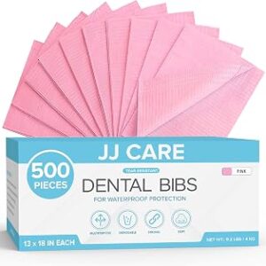JJ CARE Dental Bibs [Pack of 500] - 13 x 18 Pink Dental Bibs, 3 Ply Waterproof Dentist Bibs, Dental Bibs Disposable for Eyelash Extension, Patient Bibs for Nail Art, Dental Napkins for Piercing