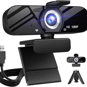 Tewiky Full HD Webcam with Built-in Microphone and Rotatable Tripod, 1080P Video and Wide Angle Camera, Privacy Cover, for Desktop PC or Laptop Computer