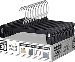 Hanger Central 30 Pack Pants Hangers – 12 Inch Slim Plastic Clothes Hangers with Clips for Skirts, Shorts & Trousers – Non Slip Grip, Heavy Duty Space Saver with Swivel Hook – Black Closet Organizer