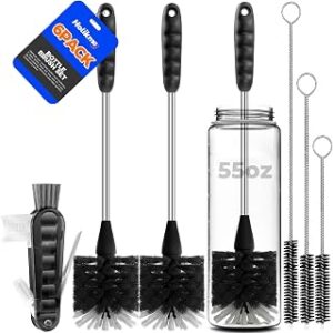 Holikme 6 Pack Bottle Brush Set, 14 Long Handle Stainless Steel Bottle Cleaner Brush, 3 Straw Brushes, 3-in-1 Bottle Cleaning Brush for Water Bottle, Antistatic Lab Brushes, Straws Black