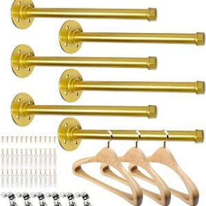 Pintuson 6 Pcs Industrial Pipe Clothes Bar 12 Inch - Wall Mount Clothing Rack - Face Out Closet Rods for Hanging Clothes Commercial Retail Boutique Laundry Shirt Display - Golden