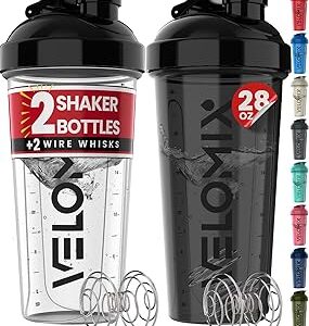 VELOMIX -2 Pack- 28 oz Protein Shaker Bottles for Protein Mixes - 2x Wire Whisk | Leak Proof Shaker Cups for Protein Shakes | Protein Shaker Bottle Pack (Black/Transparent)