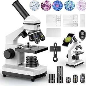 PalliPartners Compound Microscope for Adults & Students - 100X-2000X High-Power Biological Microscope for Students, School Lab & Home Education, with Slides Set & Phone Adapter (White)