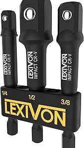 LEXIVON Impact Grade Socket Adapter Set, 3 Extension Bit With Holder | 3-Piece 1/4, 3/8, and 1/2 Drive, Adapt Your Power Drill To High Torque Impact Wrench (LX-101)