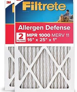 Filtrete 16x25x1 Air Filter MERV 11, MPR 1000 Micro Allergen Defense 2-Pack, AC Furnace HVAC Filters for Home, 3-Month Pleated Electrostatic (Actual Size 15.719 x 24.72 x 0.84 in)