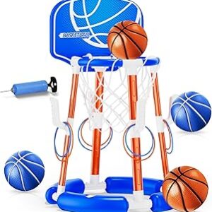 Pool Basketball Hoop with Backboard, Floating Pool Toys for 3-12 Years Old Kids Ring Game with 4 Balls 8 Rings & Pump Outdoor Swimming Pool Basketball Games Water Play Toy Family Party for Kids Adults